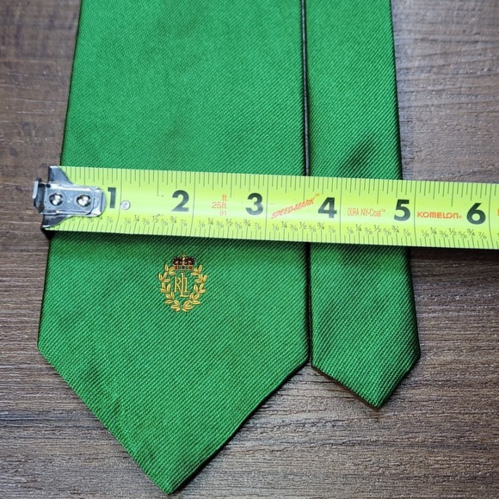 Vintage Ralph Lauren  Silk Emerald‎ Green Ribbed Tie Crown Logo - Picture 4 of 5